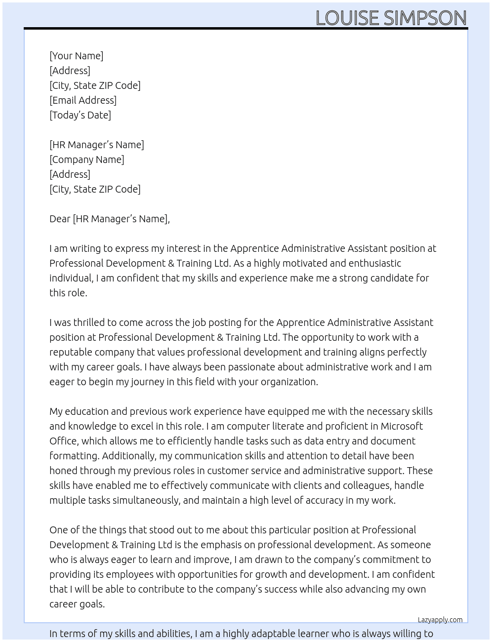 Apprentice Administrative Assistant At Professional Development & Training Ltd Cover Letter