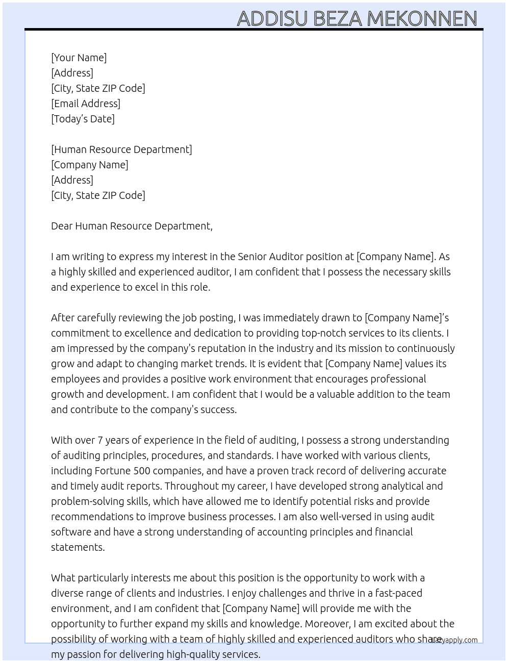 senior Auditor  At xxxx Cover Letter