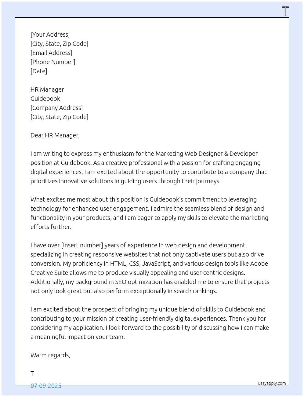 Cover letter for marketing web designer & developer - LazyApply