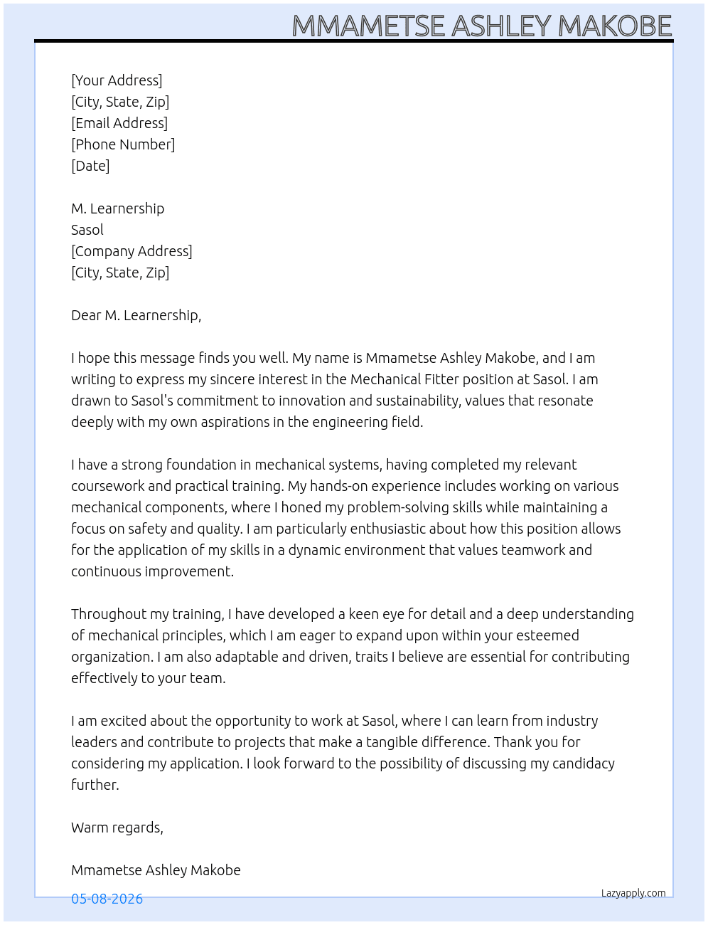 Mechanical fitter  At Sasol Cover Letter