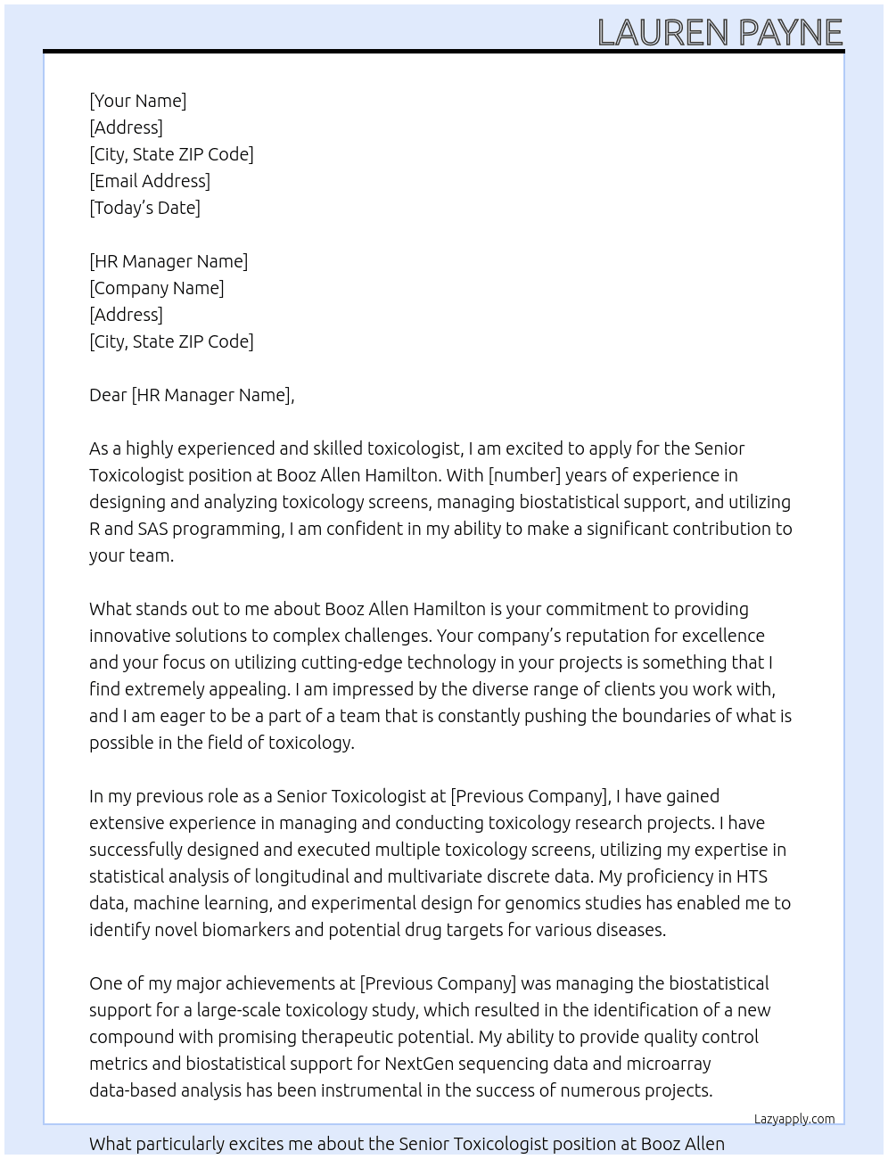 Senior Toxicologist At Booz Allen Hamilton Cover Letter