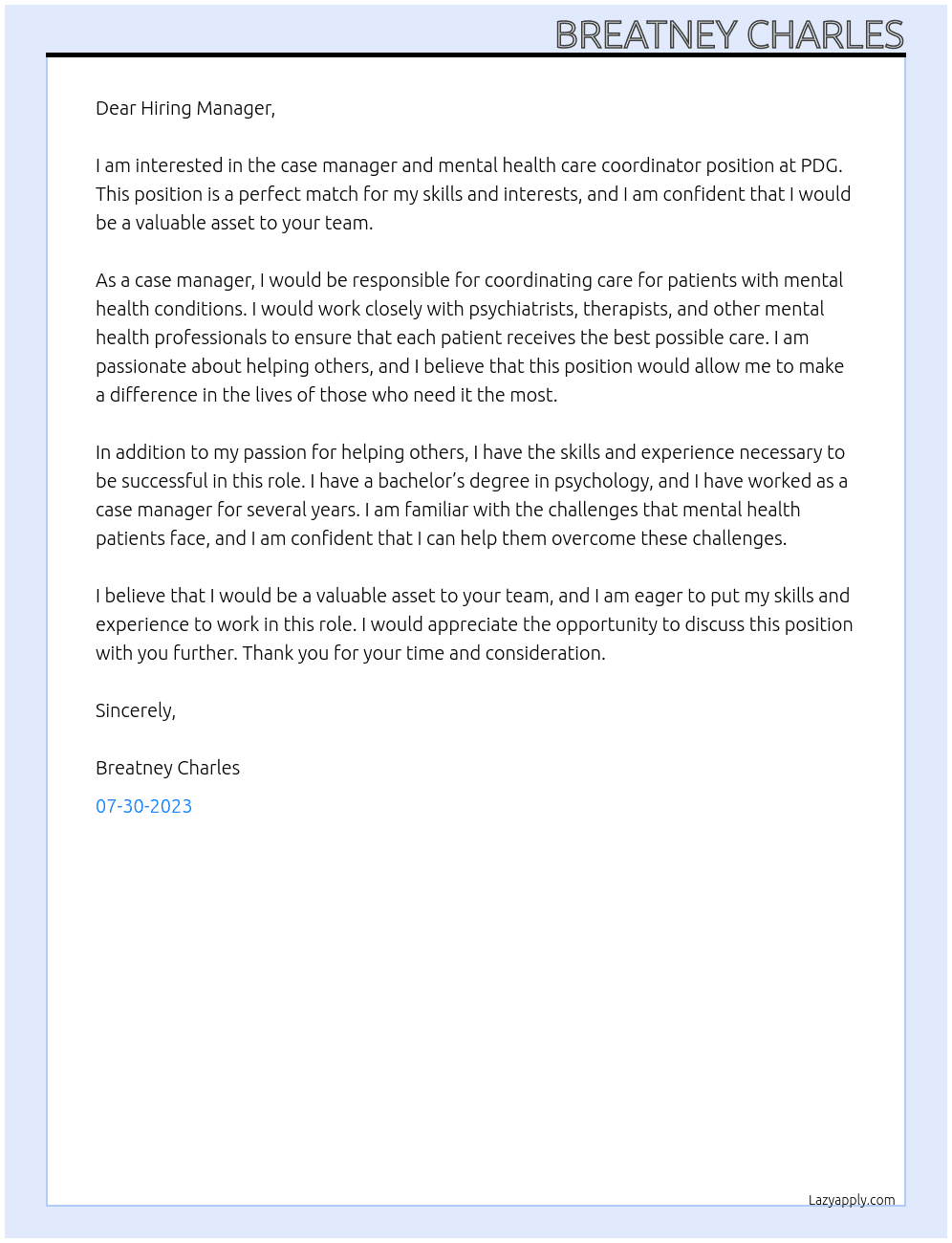 case manager and mental health care coordinator At PDG Cover Letter
