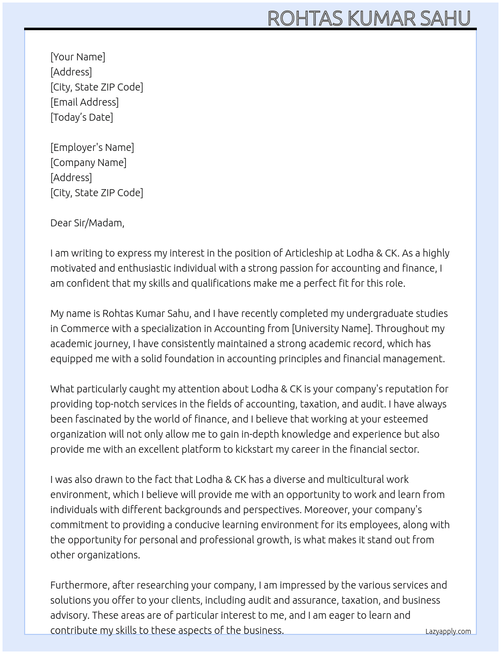 Articleship At Lodha & ck Cover Letter