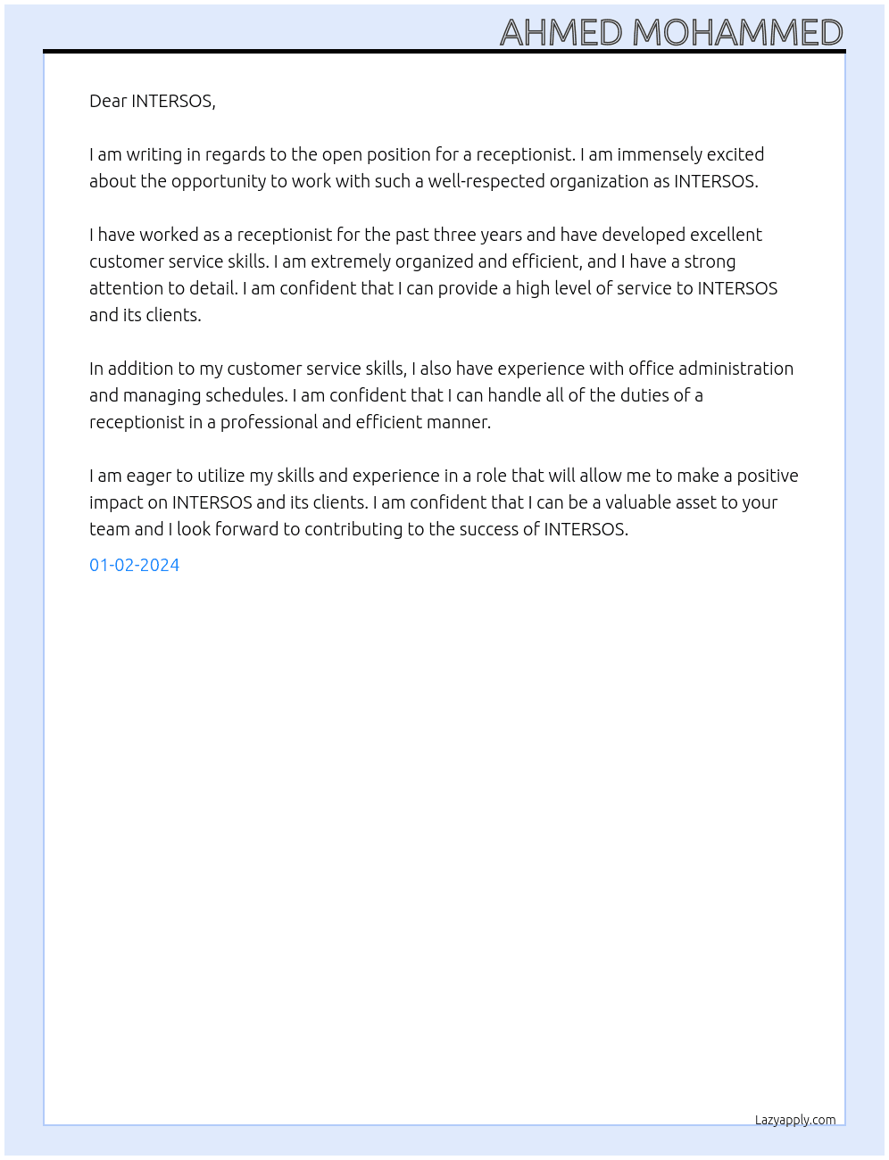 Receptionist At LibyaOrganization INTERSOS Cover Letter