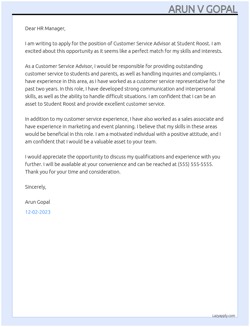 Customer Service Advisor At Student Roost Cover Letter