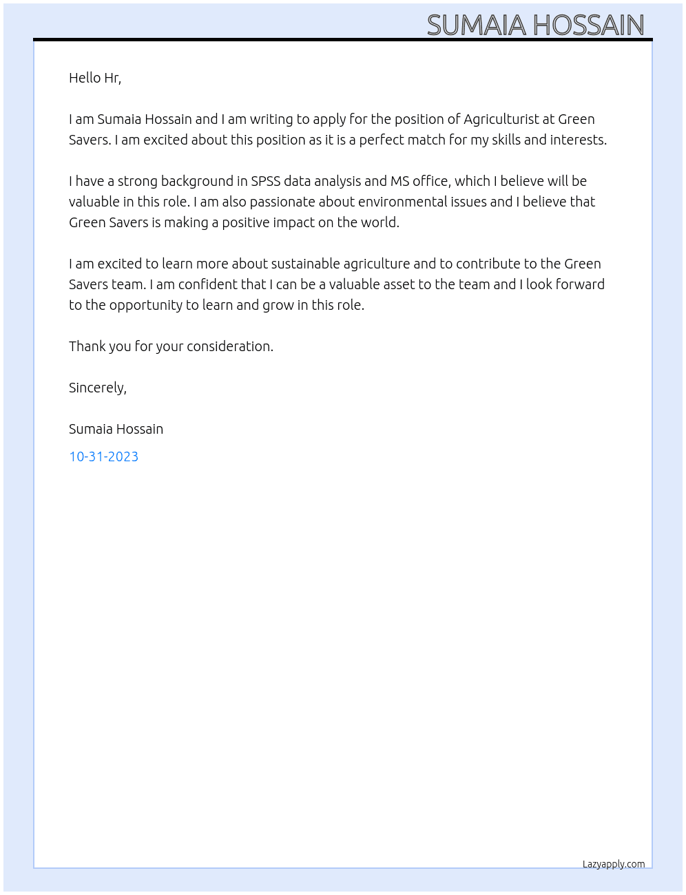 Agriculturist At Green Savers Cover Letter