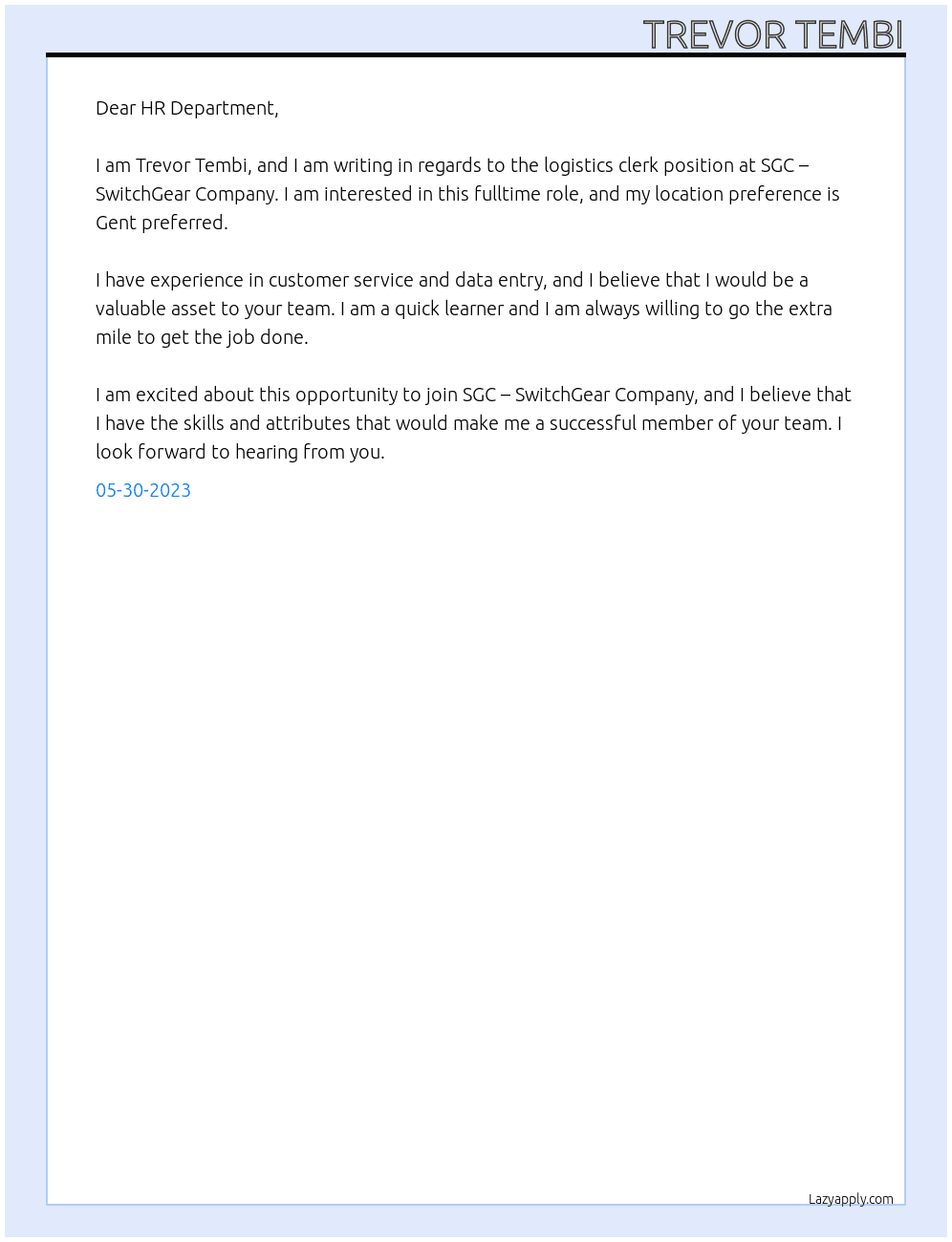 Logistics clerk At SGC – SwitchGear Company Cover Letter