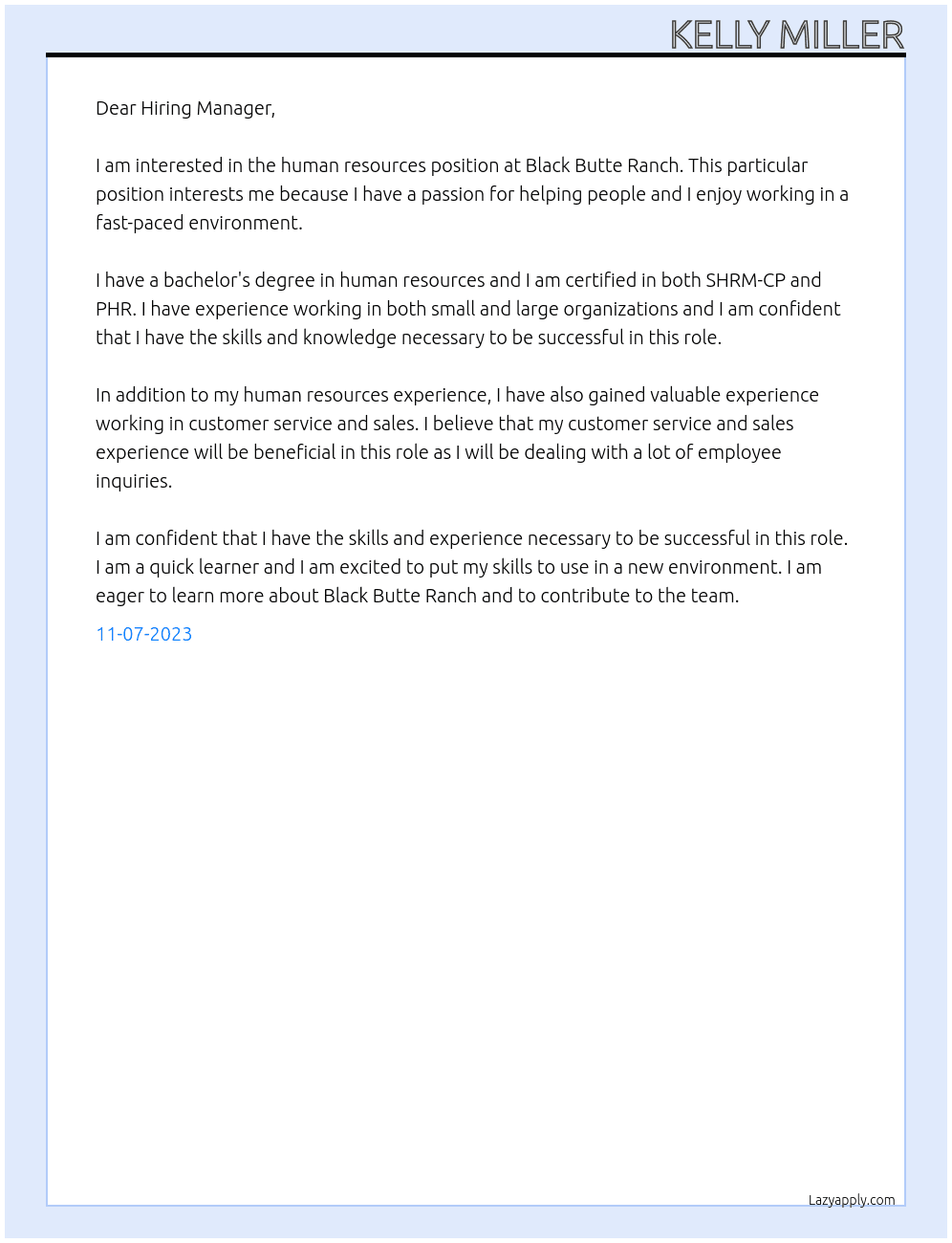 Human Resources At Black Butte Ranch Cover Letter