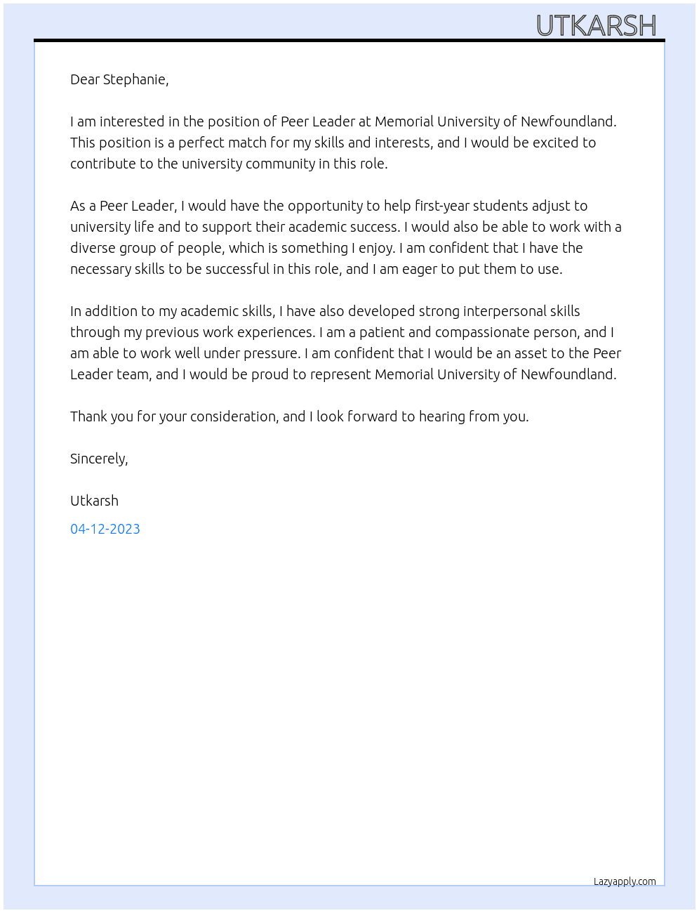 Peer Leader At Memorial University of Newfoundland Cover Letter