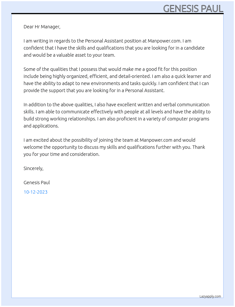 Personal Assistant  At Manpower.com Cover Letter