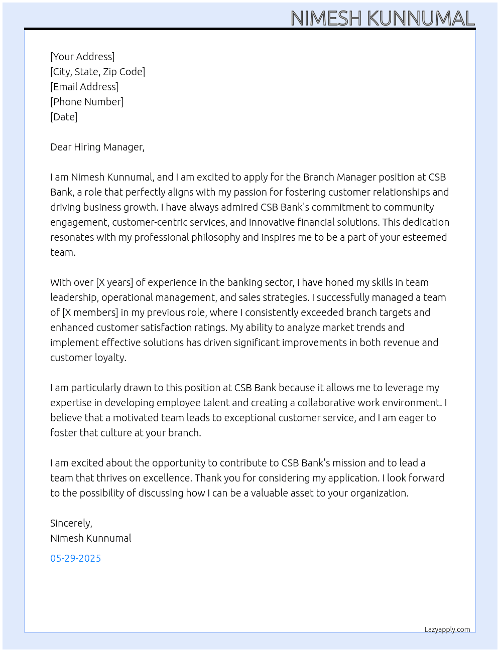 Branch Manager At CSB Bank Cover Letter