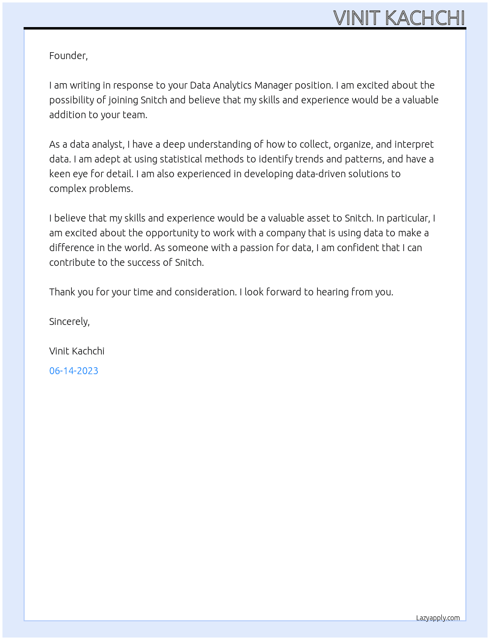 Data Analytics Manager  At Snitch Cover Letter