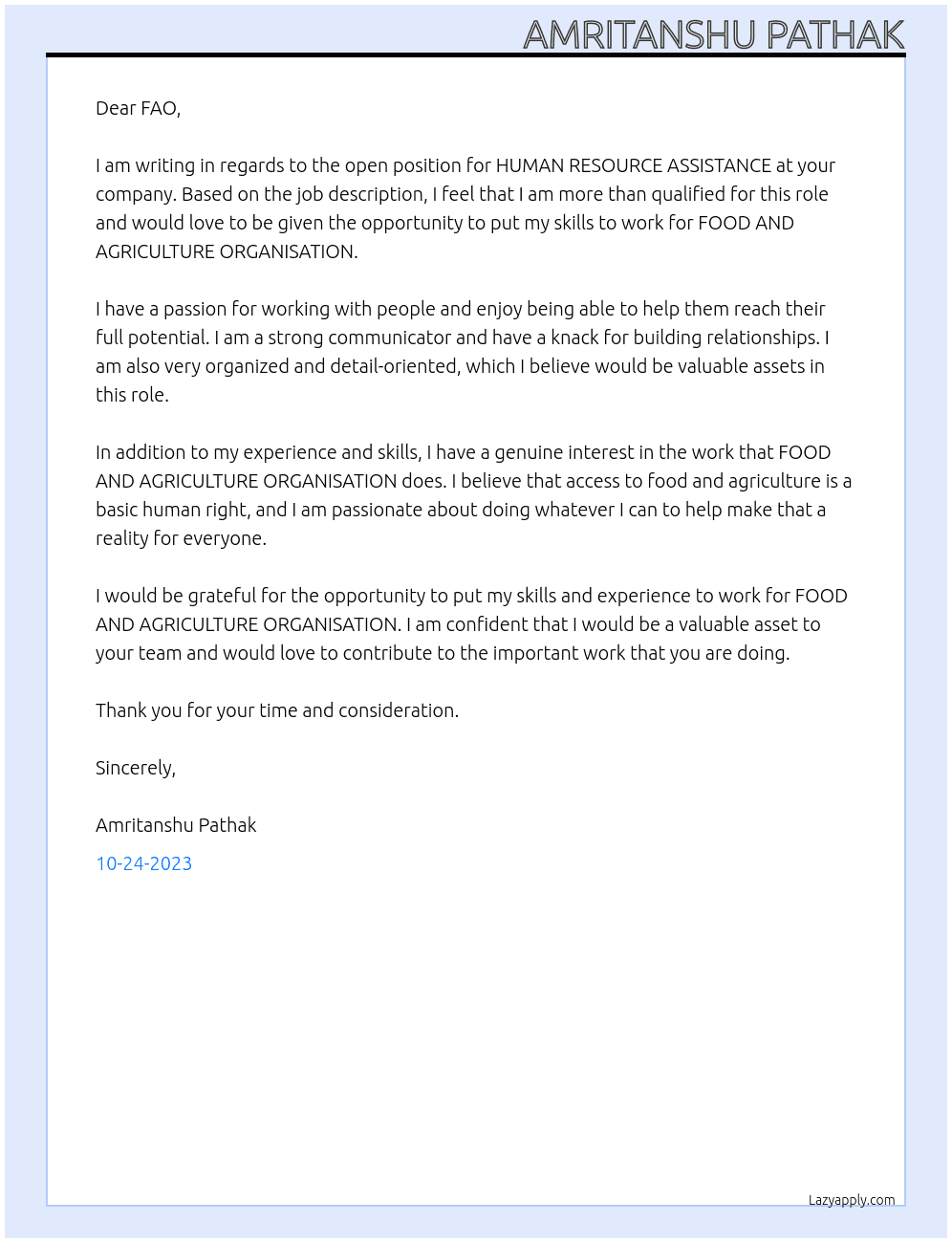 HUMAN RESOURCE ASSISTANCE At FOOD AND AGRICULTURE ORGANISATION Cover Letter