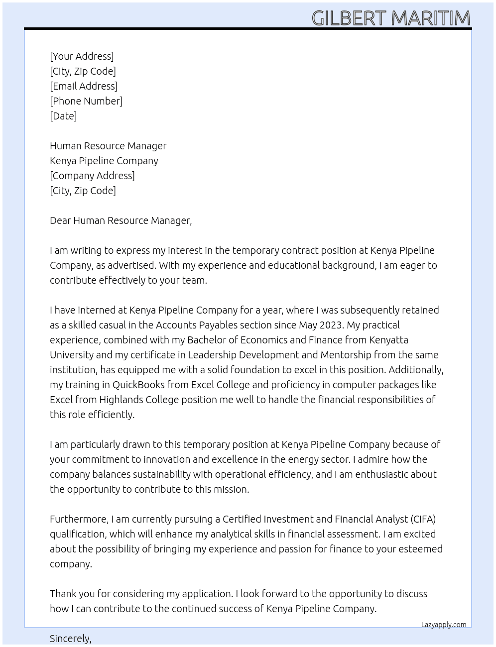 Temporary contract At Kenya pipeline company Cover Letter