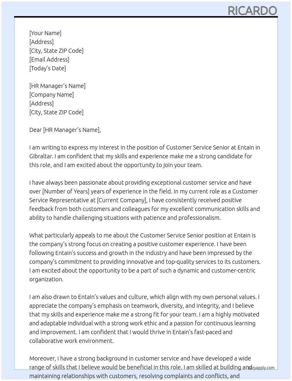 customer service senior At Entain Cover Letter