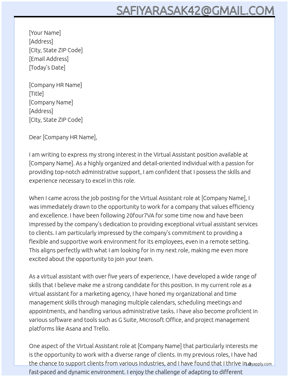 Virtual Assist At 20four7VA Cover Letter