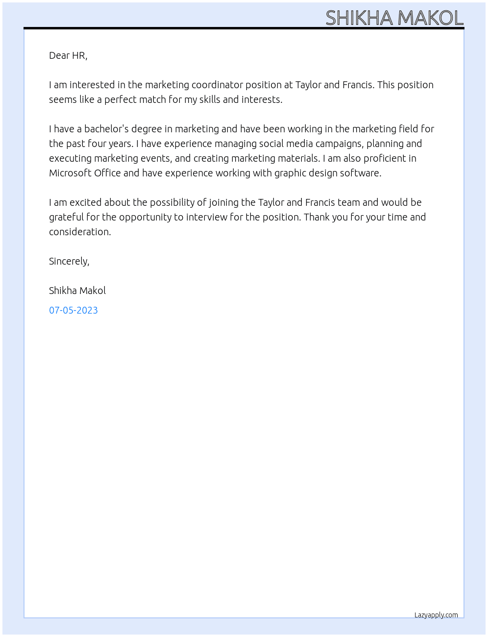 marketing coordinator At taylor and francis Cover Letter