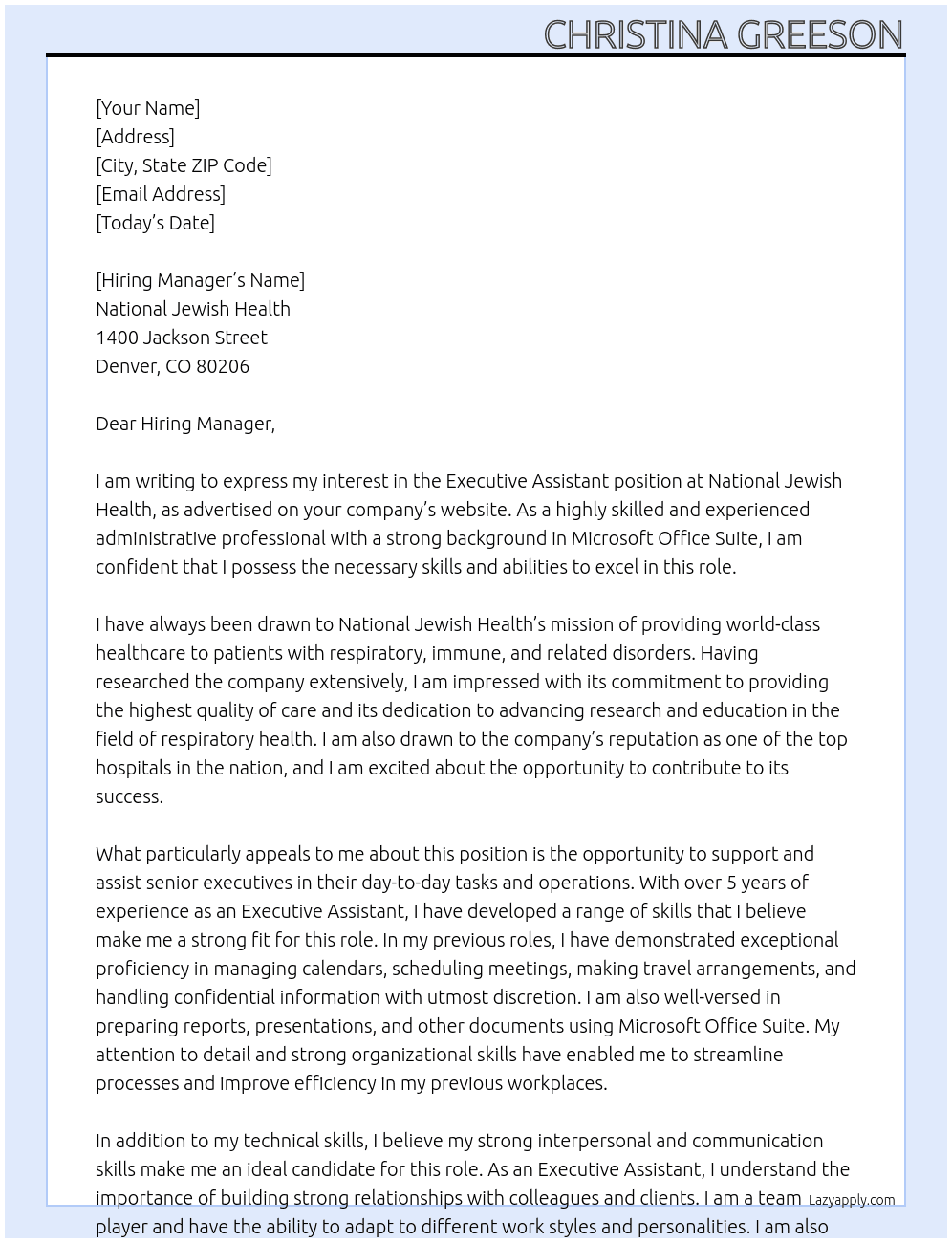 Executive Assistant At National Jewish Health Cover Letter