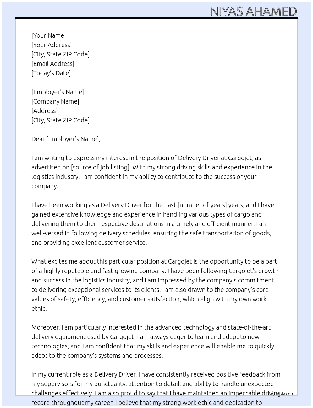 Delivery Driver At Cargojet Cover Letter