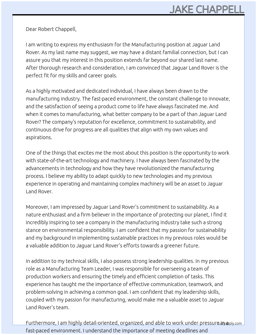 Manufacturing  At Jaguar Land Rover Cover Letter