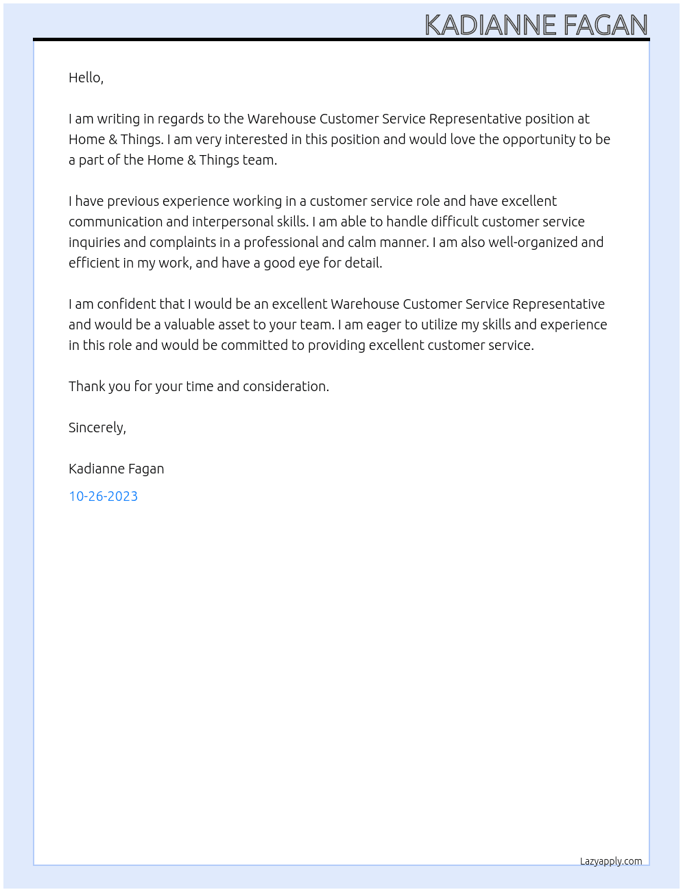 Warehouse Customer  Service Representative At Home & Things Cover Letter