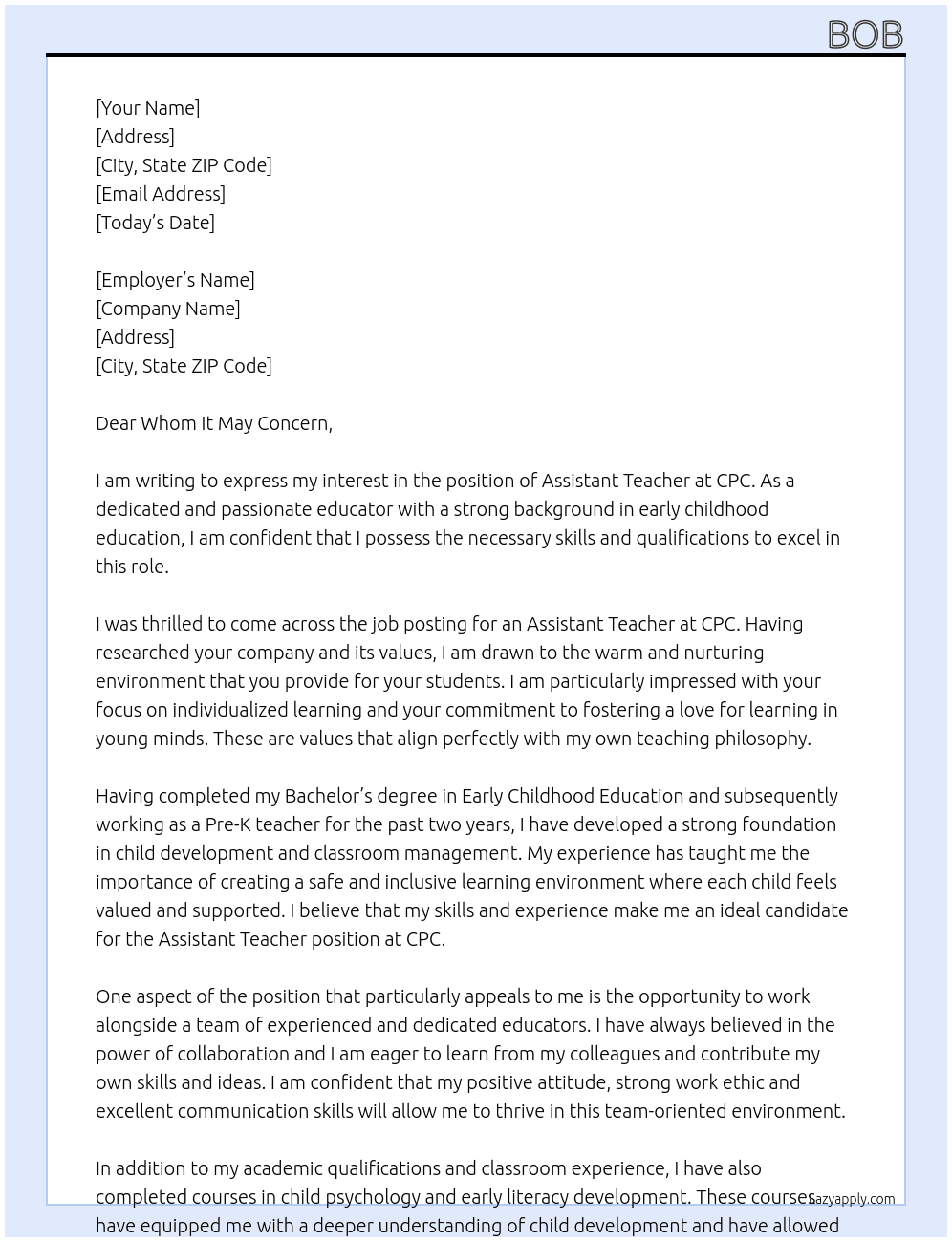 Assistant teacher At CPC Cover Letter