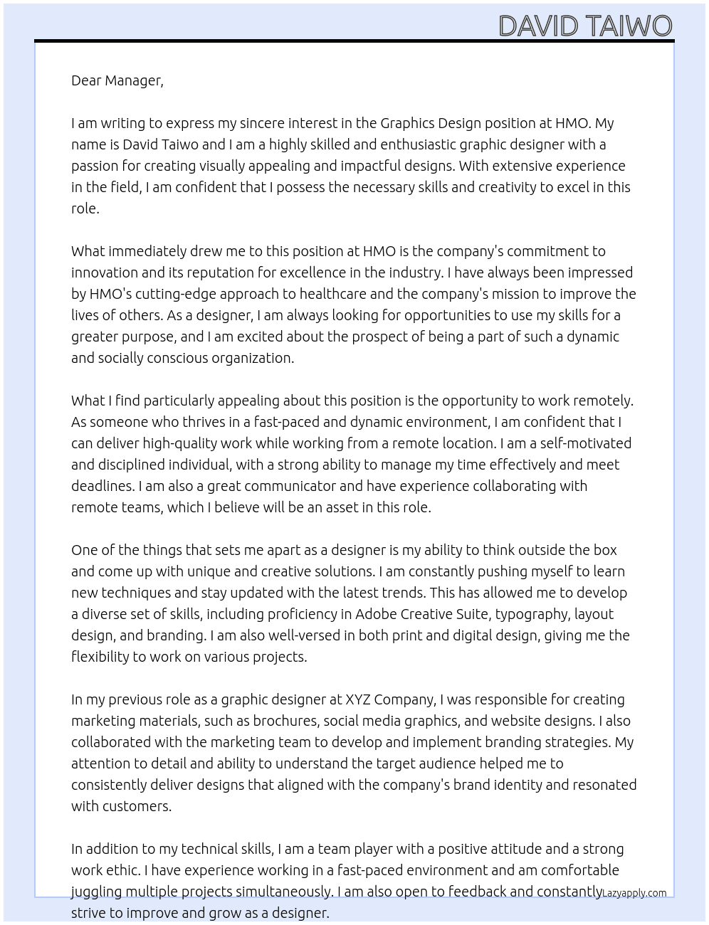 Graphics Design  At HMO Cover Letter