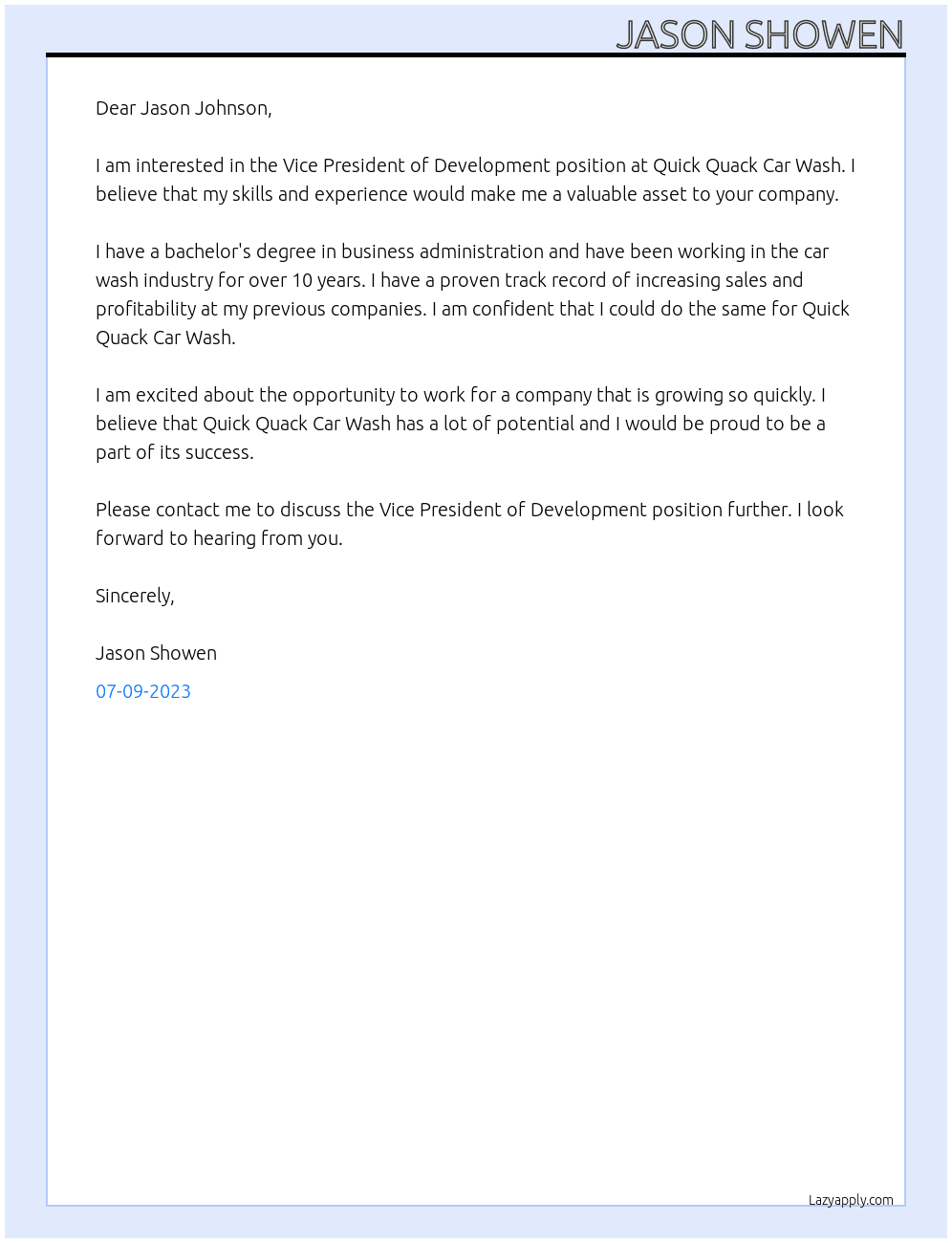 Vice President of Development At Quick Quack Car Wash Cover Letter