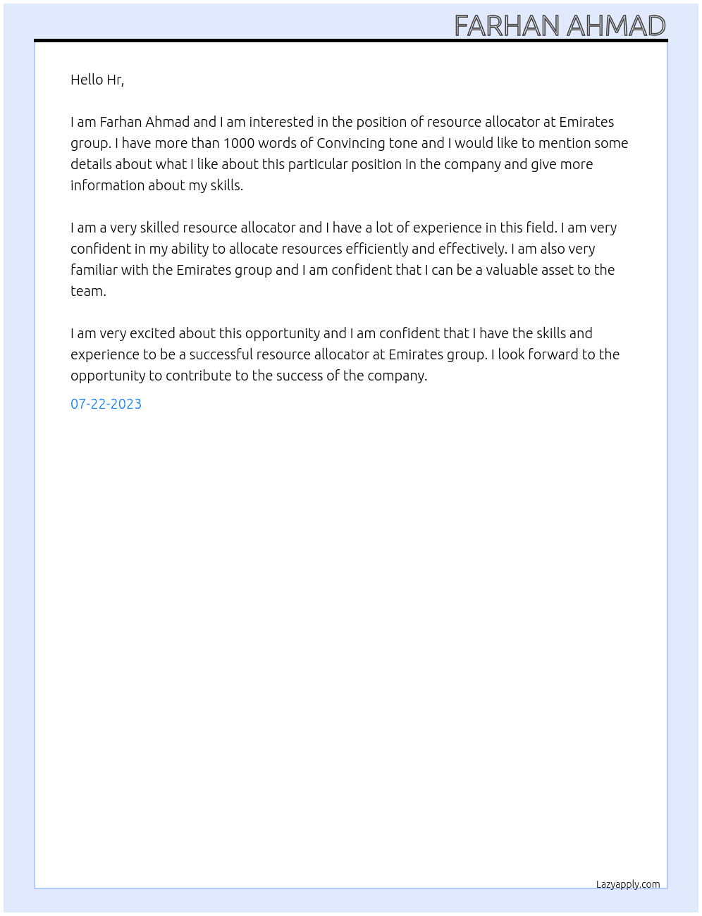 Resource allocator At Emirates group  Cover Letter
