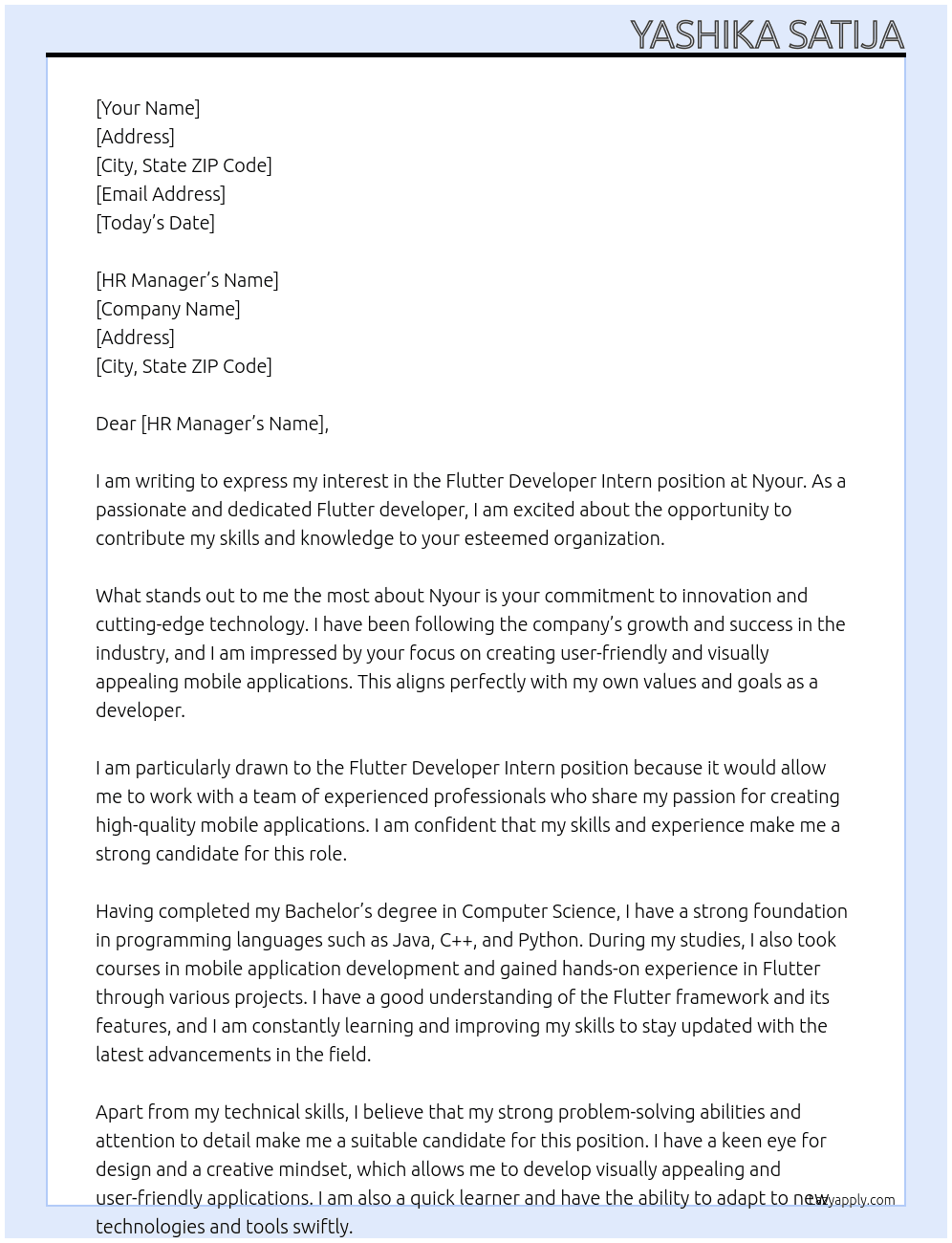 Flutter Developer INtern At Nyour Cover Letter
