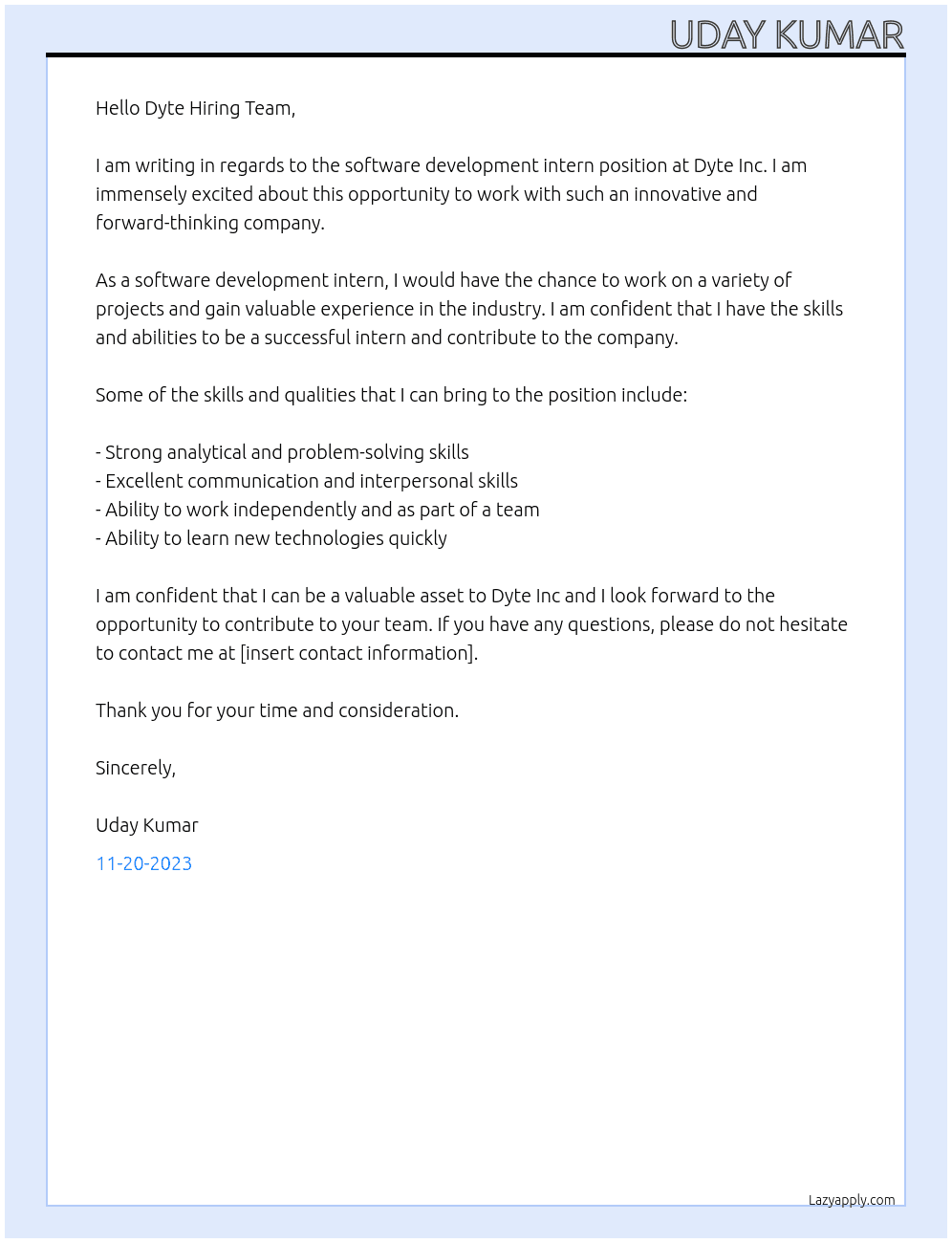 Software development intern At Dyte Inc Cover Letter