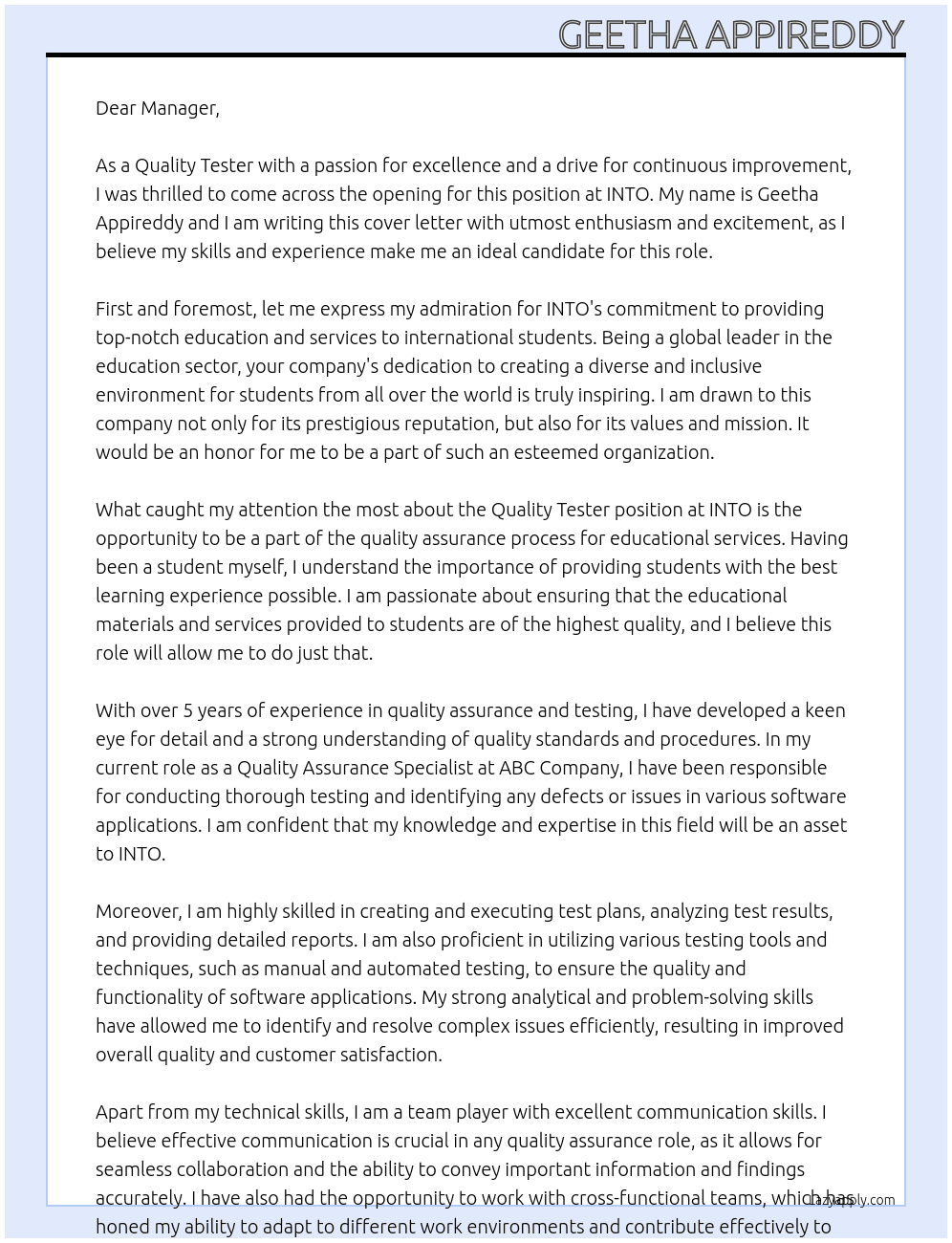 QUALITY TESTER At INTO Cover Letter