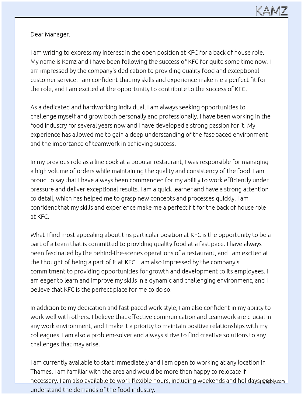 Cover letter for kfc - LazyApply