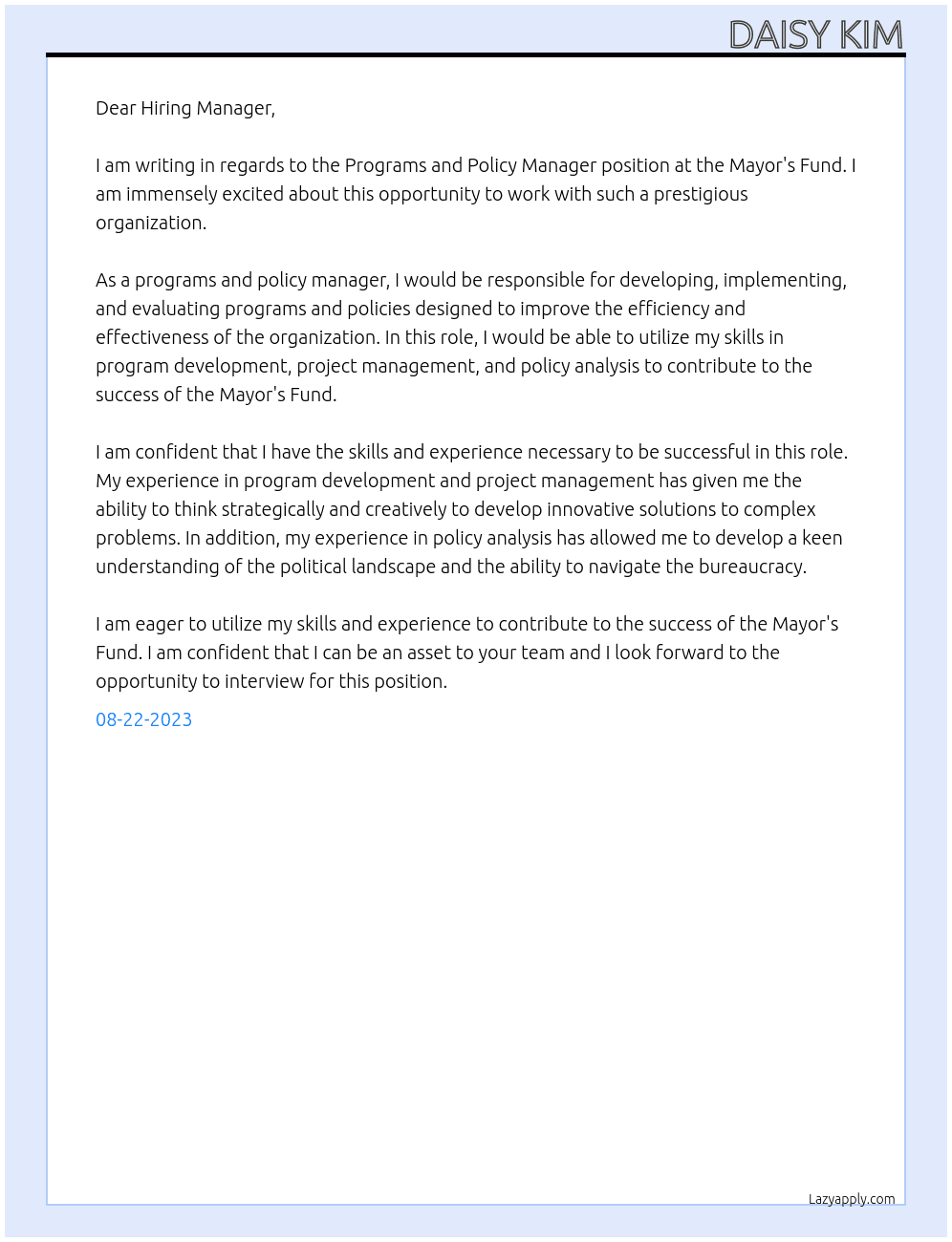 Programs and Policy Manager At Mayor's Fund Cover Letter