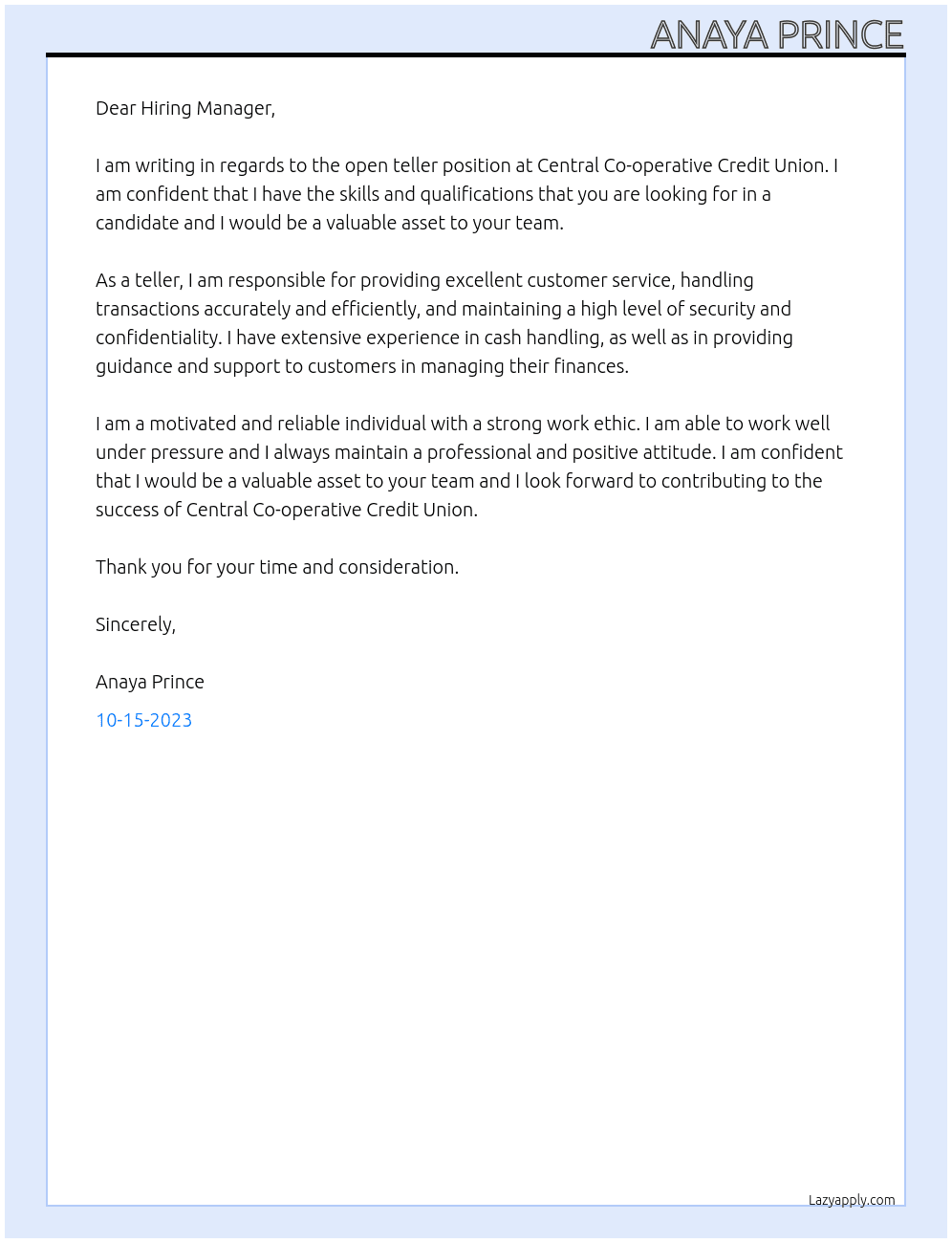 Teller At Central Co-operative Credit Unoin  Cover Letter