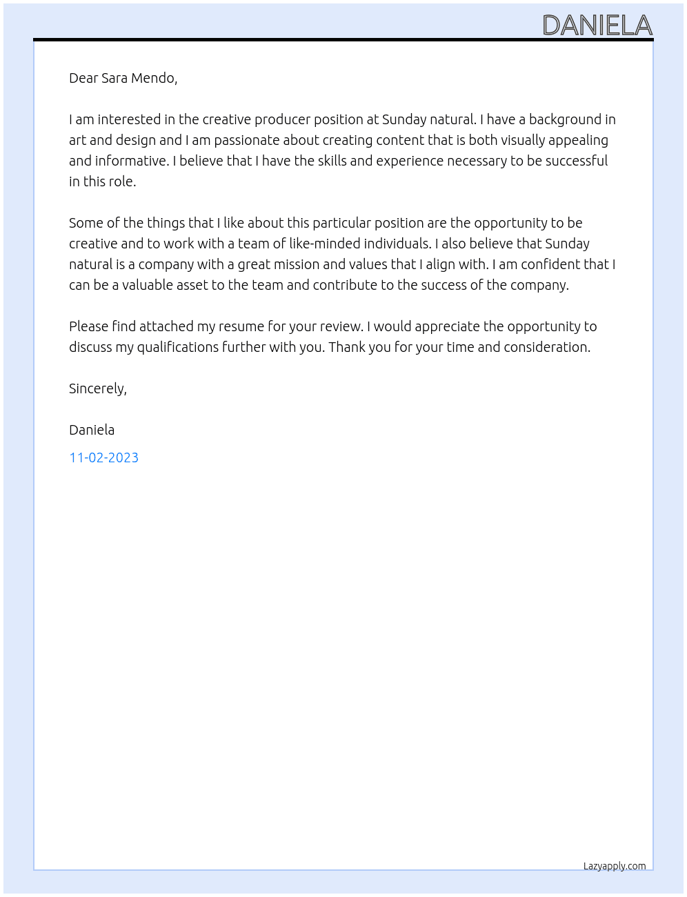 Creative producer At Sunday natural Cover Letter