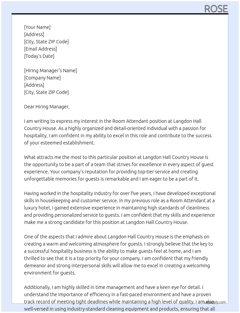 Room Attendant  At Langdon Hall Country House Cover Letter