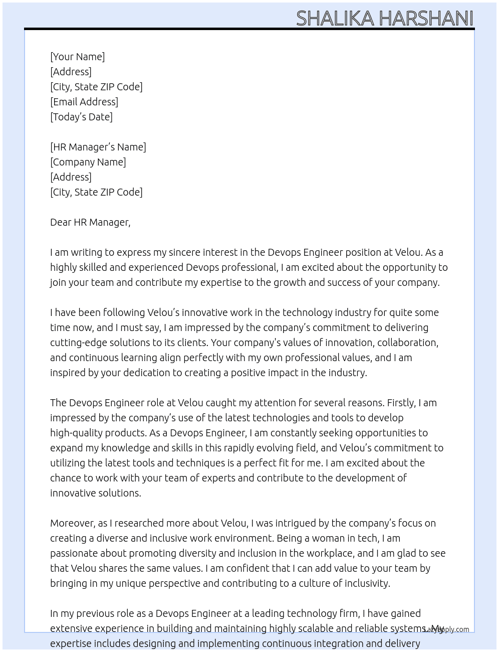 Devops engineer At Velou Cover Letter