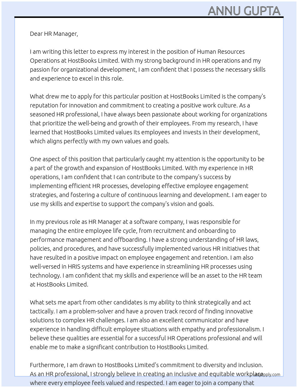 Human Resources Operations At HostBooks Limited Cover Letter