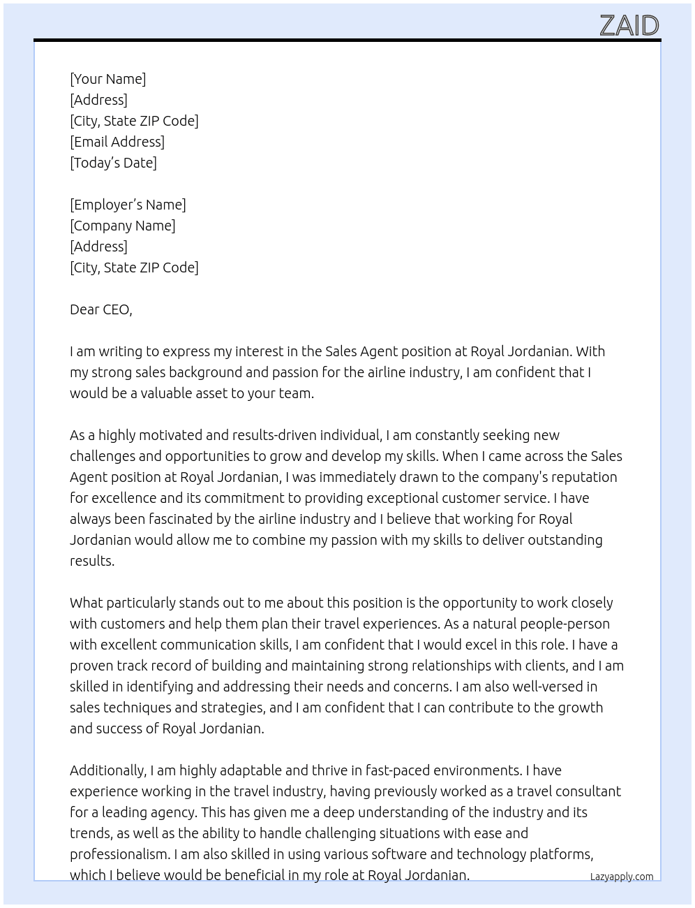  Sales Agent  At Royal jordanian Cover Letter
