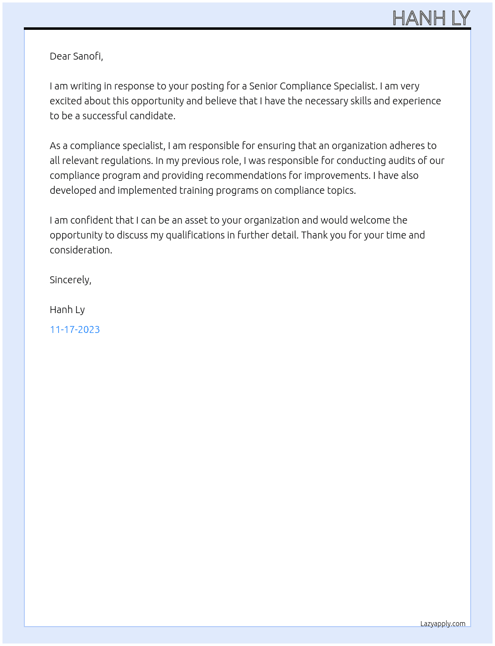 Senior Compliance Specialist At Sanofi Cover Letter