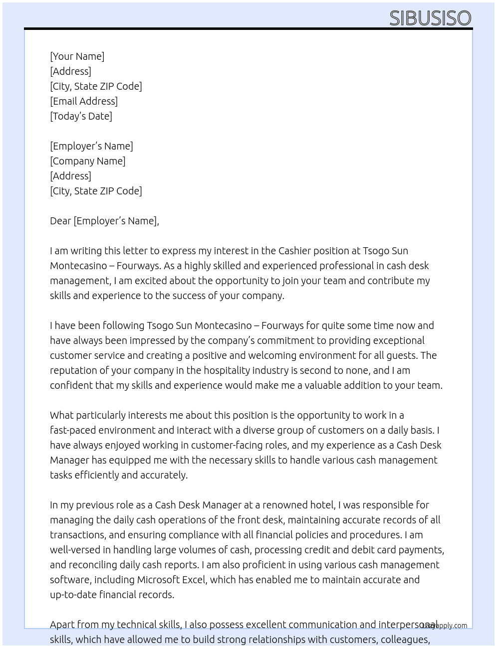 Cashier At Tsogo Sun Montecasino - Fourways Cover Letter