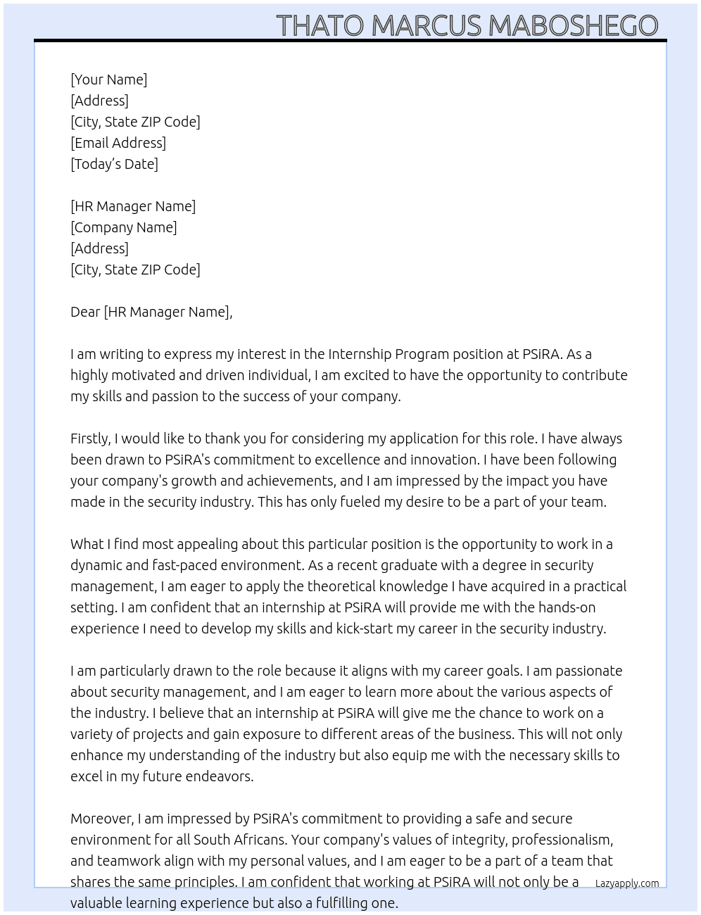 Internship program  At PSiRA Cover Letter