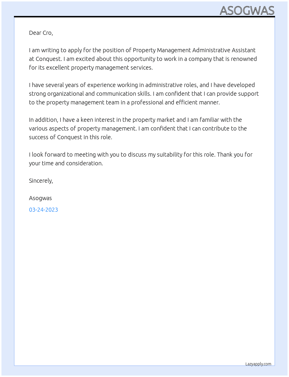 Property management administrative assistant  At Conquest  Cover Letter