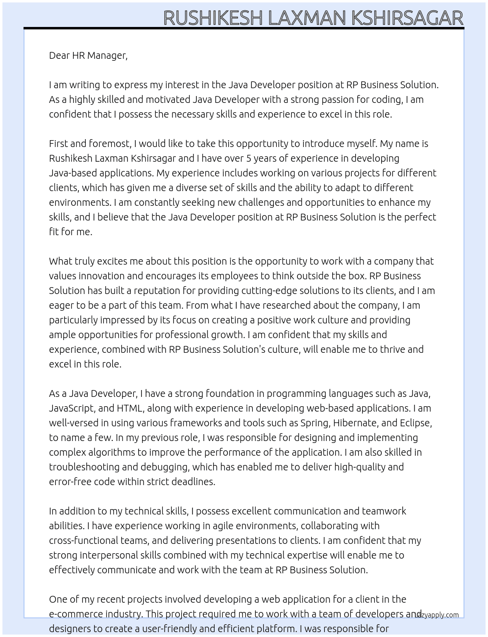 Java Developer At RP bussiness Solution Cover Letter