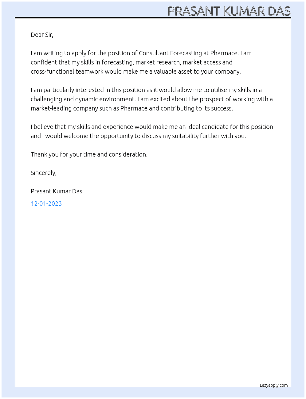 Consultant forcasting At Pharmace Cover Letter