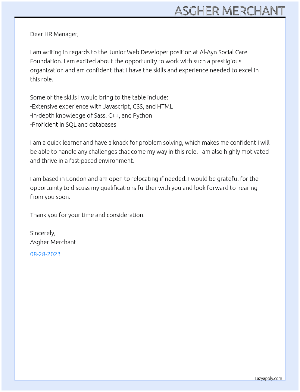 Junior Web Developer At Al-Ayn Social Care Foundation Cover Letter
