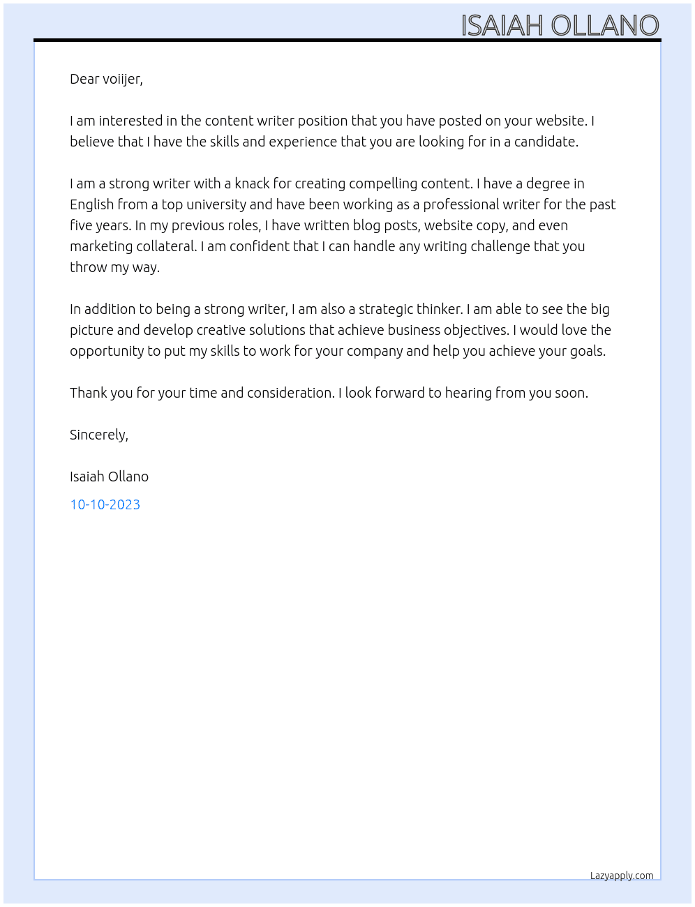 content writer At voiijer Cover Letter