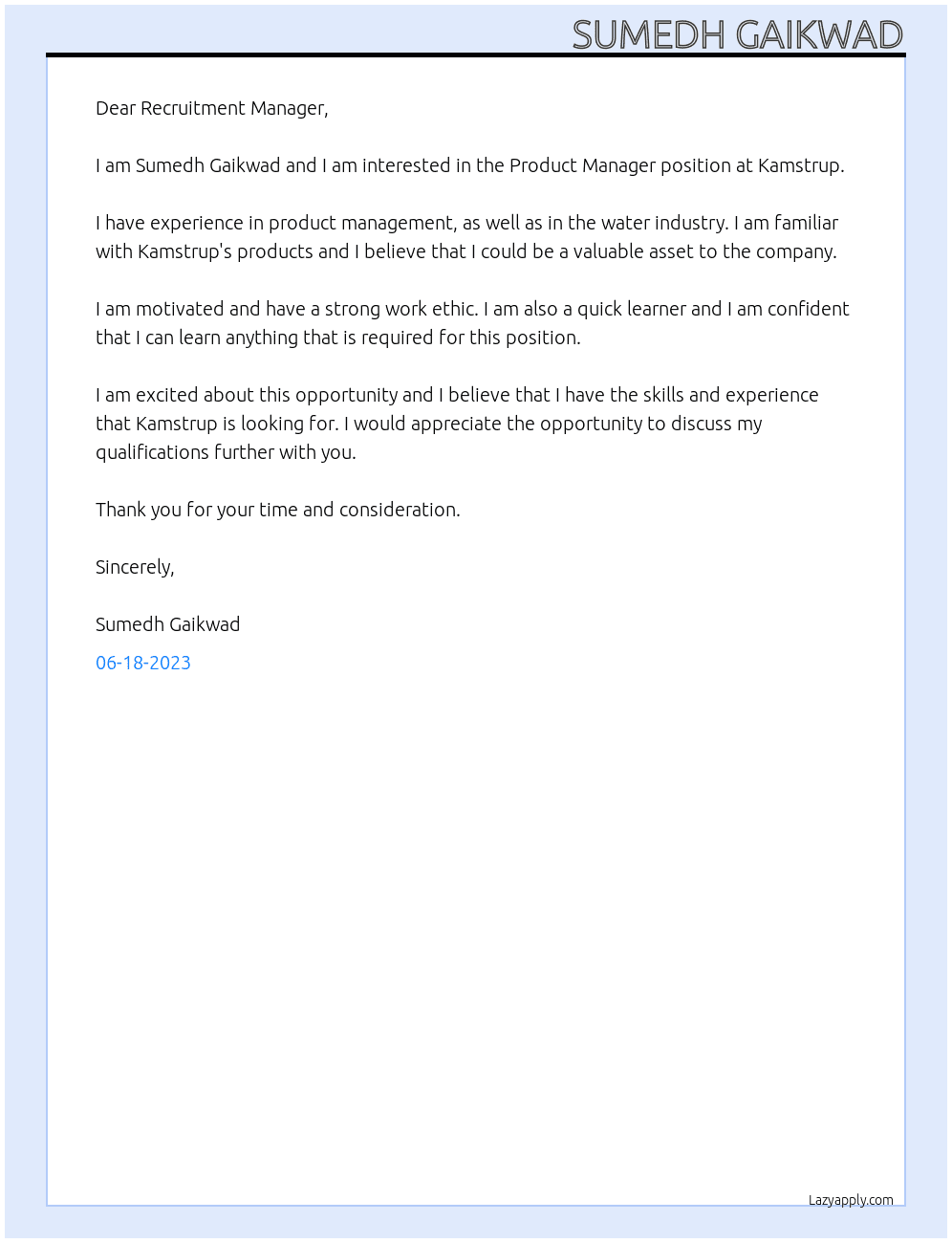 Product Manager At Kamstrup Cover Letter