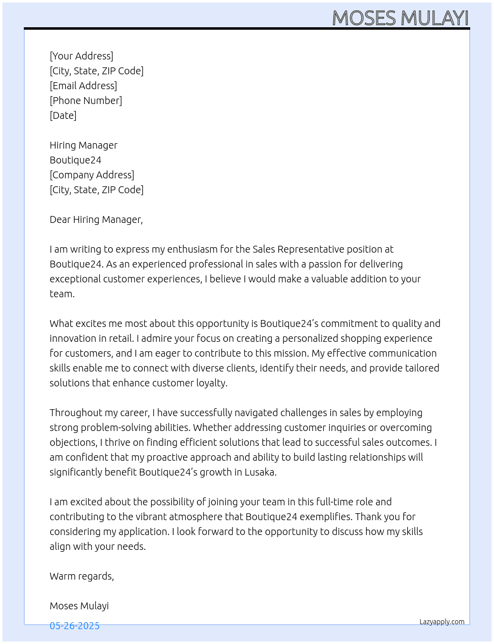 Sales Representative  At Boutique24 Cover Letter